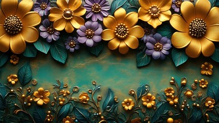 Canvas Print - Golden, purple 3D flowers teal background, decor