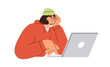 © Good Studio - Young man studying at laptop. Bored upset student sitting at notebook computer. Remote freelance work. Freelancer in boredom, burnout concept. Flat vector illustration isolated on white background