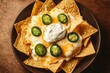 © Nikolai - top-down view of tortilla chips topped with melted cheese and jalapeños served with sour cream illuminated by vibrant