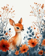 Wall Mural - Fawn amidst autumn flowers, nature's beauty, nursery decor