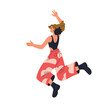 © Good Studio - Happy joyful woman jumping up in air. Excited active energetic female character in expressive emotional festive pose, fun movement, joy energy. Flat vector illustration isolated on white background