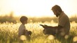 © musa - Father and son bonding in a sunlit field, looking at a tablet.