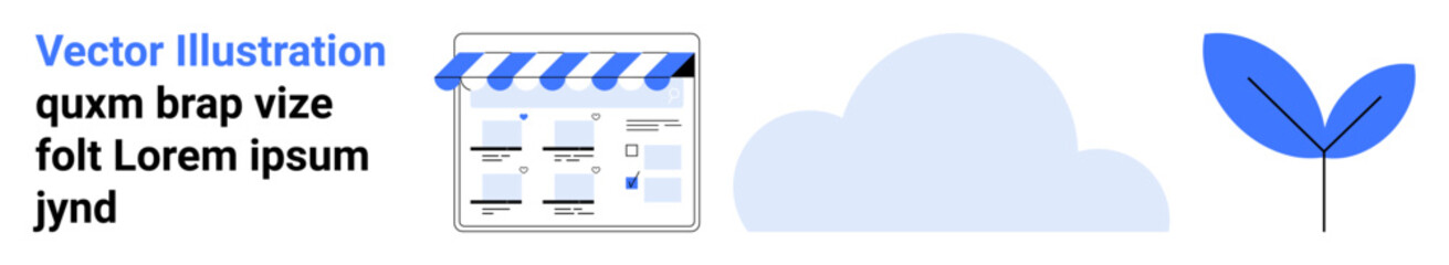 Online store interface, a cloud icon, and a plant sprout symbolizing growth and technology integration. Ideal for technology, environment, e-commerce, cloud computing, startups, online business