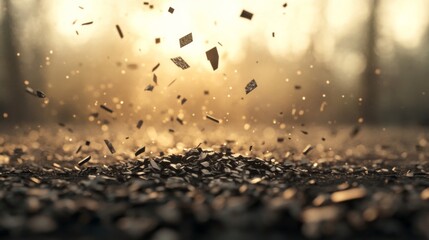 Wall Mural - golden hour sunlight illuminating small particles suspended in air above ground.