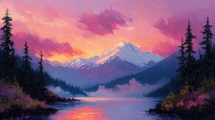 Wall Mural - Majestic Mountains and Reflective Lake at Sunset Surrounded by Lush Forest and Vibrant Sky