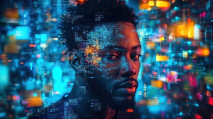 Man, digital data, city, night, futuristic, technology, concept, stock photo