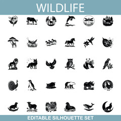 Naklejka na meble Editable Wildlife Silhouettes Animals, Birds, Nature, Icons Set