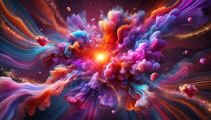 Wall Mural - An abstract digital painting of a cosmic, nebula-like explosion of colors with deep purples, vivid magentas, fiery oranges, and subtle pink