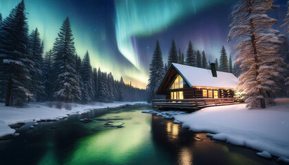 luxury cabin next to a river in the snow under the stars and aurora in the mountains