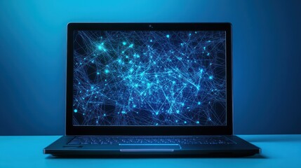 Laptop displaying network connections, blue background; technology concept