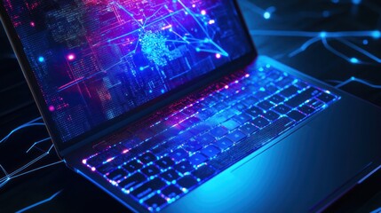 Laptop screen displays digital network, glowing keyboard, dark background; tech concept