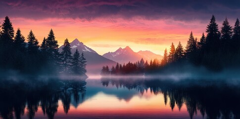 Poster - Tranquil Sunrise Over Misty Lake with Mountain Reflections and a Peaceful Forest Silhouette