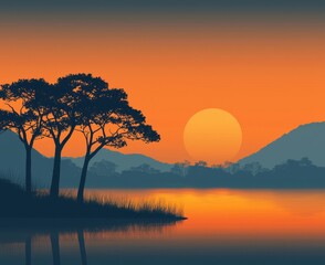 Wall Mural - Tranquil Sunset Over Serene Lake With Silhouetted Trees And Mountains In The Background