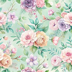  Flowery pattern with pink, yellow, and purple flowers. Seamless pattern. Watercolor