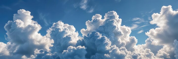 Wall Mural - puffy Cirrus clouds against a bright blue backdrop, blue hues, cloud formations, soft focus photography