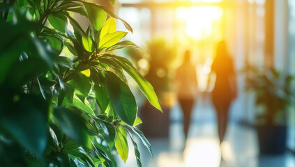 Blurred background of people walking in a modern office building with green trees and sunlight, eco friendly and ecological responsible business concept image with copy space.