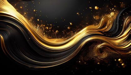 Wall Mural - whirling gold particles in black fluid magical waves background