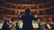 © Mmmdrza - An orchestral composer standing in front of a grand symphony orchestra, directing the musicians with their baton as they bring their latest composition to life