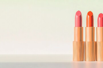 close-up of eco-friendly lipsticks with bamboo cases lined up neatly on clean white table under diff