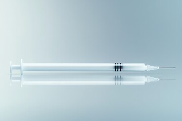 close-up of sterile white syringe resting on polished glass surface under diffused clinical lighting
