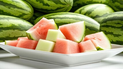 Wall Mural - Freshly cut watermelon and cantaloupe pieces arranged on a plate with whole watermelons in the background at a summer gathering