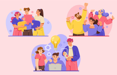 Aufkleber - Team Interaction with Man and Woman Work Together Vector Set