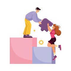 Wall Mural - Team Interaction with Man and Woman with Jigsaw Puzzle Work Together Vector Illustration