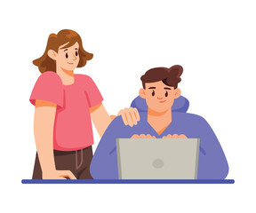 Aufkleber - Team Interaction with Man and Woman Work Together Vector Illustration