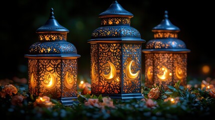 Canvas Print - Illuminated Ramadan lanterns night garden