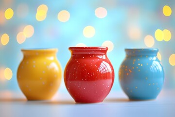 Wall Mural - Colorful polka dot pottery vases, festive bokeh background, home decor