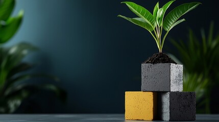 Wall Mural - Growth and Sustainability: A Young Plant Thriving in Minimalist Concrete Cubes