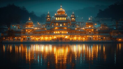 Canvas Print - Illuminated temple, night, lake, India, reflection, tourism, travel, peaceful, serene, spirituality