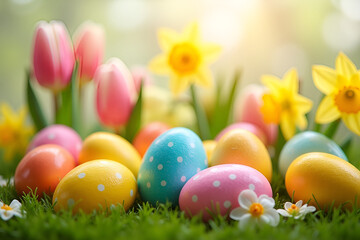  A close-up of blooming spring flowers like tulips and daffodils with Easter eggs nestled among them, creating a fresh and colorful Easter background