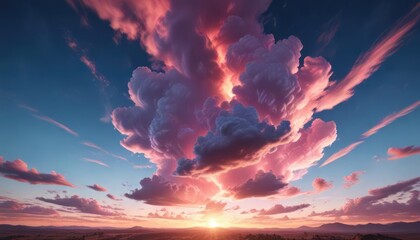 Wall Mural - Pink and blue cloud formations cast a serene glow on the landscape at sunset, serene atmosphere, calming scene