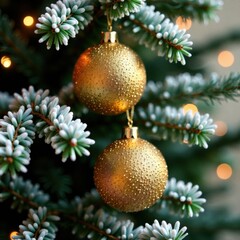 Wall Mural - Glittering gold garlands draped over frosted fir branches, sparkling, festive wreath