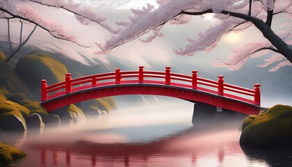 Wall Mural - serene scene with traditional red bridge under cherry blossoms in soft mist