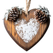 © Roman - Rustic wooden Christmas ornament in the shape of a heart, decorated with snowy accents and pinecones; isolated on a transparent background.
