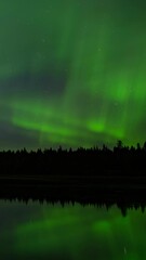 Wall Mural - vertical video of aurora reflecting in a calm lake. view pans back and forth.