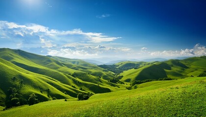 Wall Mural - green hills and blue sky scene, ai generated