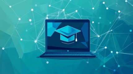 Digital vector illustration. Low-poly frame online educational blue background. Online Education, online training, webinar, online training, business training. Vector illustration