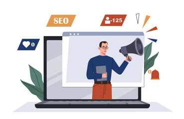 Wall Mural - A man holding a megaphone emerges from a laptop screen, surrounded by SEO, notification, and follower icons. Vector illustration on a white background