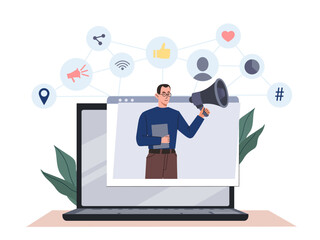 Wall Mural - a man holding a megaphone emerges from a laptop screen, surrounded by seo, notification, and followe