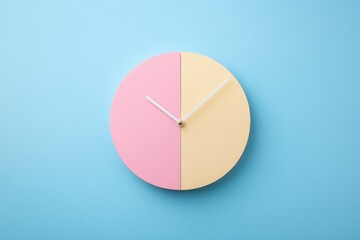 Fototapete - Decorative clock with half pink and half yellow design against a blue background showcasing modern style and simplicity. Generative AI