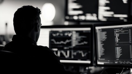 A programmer working late at night on multiple monitors, analyzing complex data and code, showing dedication and focus in a dimly lit office.