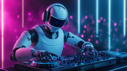 A futuristic robot DJ mixes tracks while colorful neon lights illuminate the dance floor, energizing the party environment in a lively nightclub setting