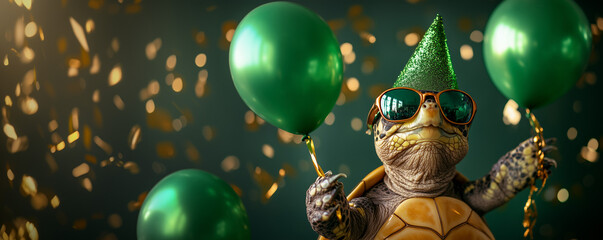 Wall Mural - Cute funny turtle wearing sunglasses and hat, holding happy birthday balloons against golden confetti flying around. Dark green background banner greeting card invitation.