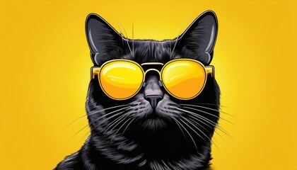 Wall Mural - retro pop art style black cat in yellow sunglasses isolated on a yellow background