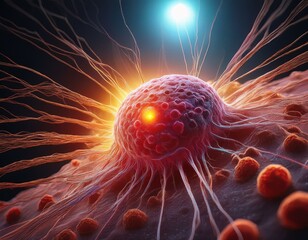 Wall Mural - a laser beam targets a cancer cell representing the promise of targeted therapy in treating cancer