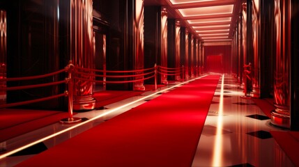 Luxury Red Carpet Hallway Design for Awards and Entrances. Hotel Stairway with Barriers and Red Ropes for Celebrities Image