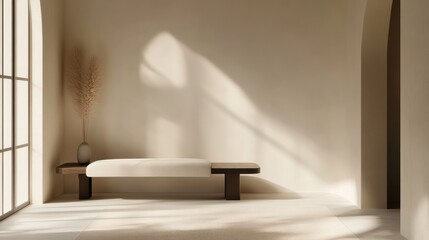 Poster - Minimalist interior design featuring a sleek bench and natural light in a serene space. Generative AI
